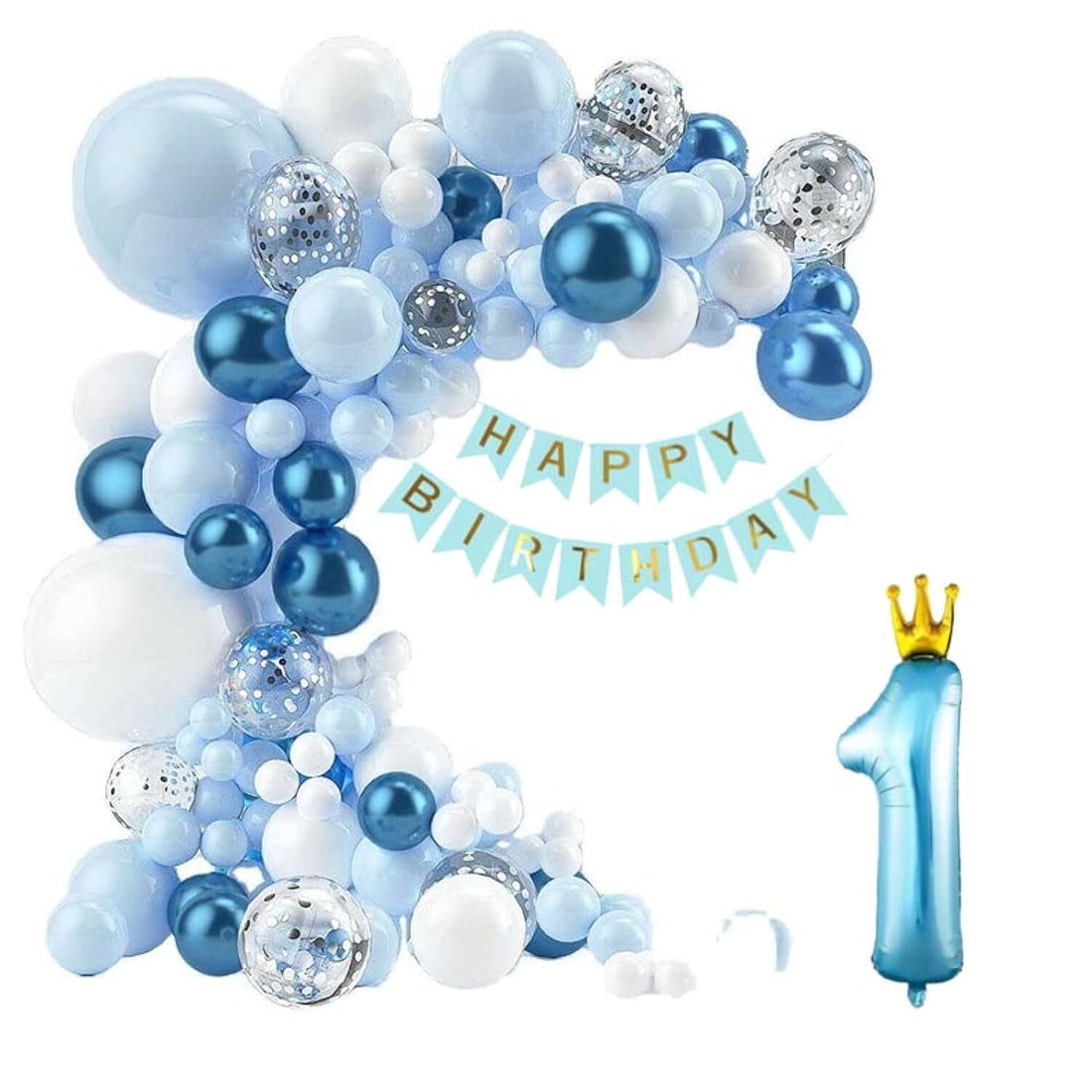 First Birthday Decorations For Boys, Blue Garland Balloon, Blue Happy Birthday Banner And 36 Inch Number One With Crown, 129 Pcs Baby Boy First Birthday Decorations Set