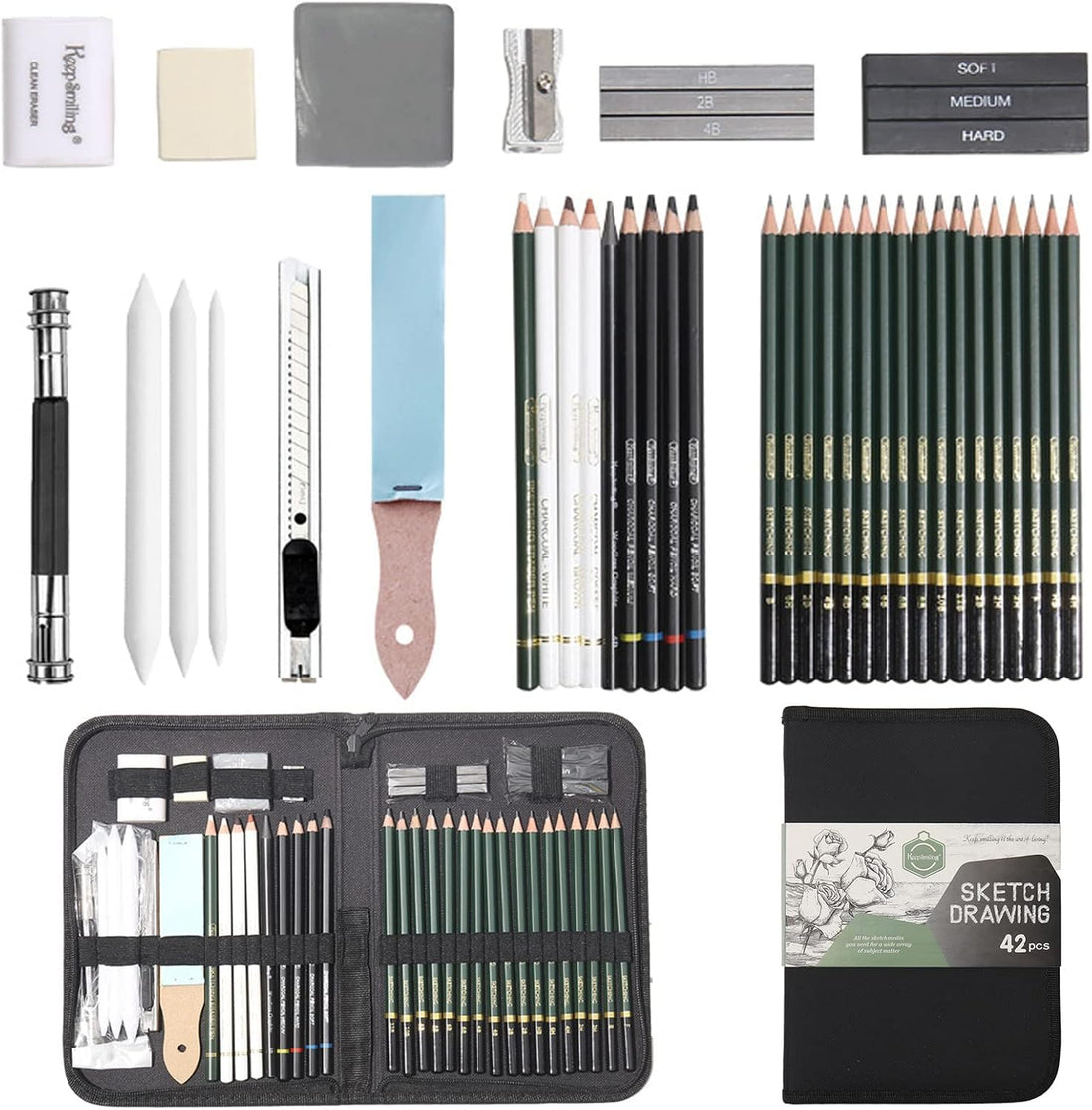 Like it Professional Art Set, 42 PCS Drawing and Sketching Set- Drawing, Sketching and Charcoal Pencils. Kneaded Eraser Included. Art Kit for Beginners, Teens and Adults