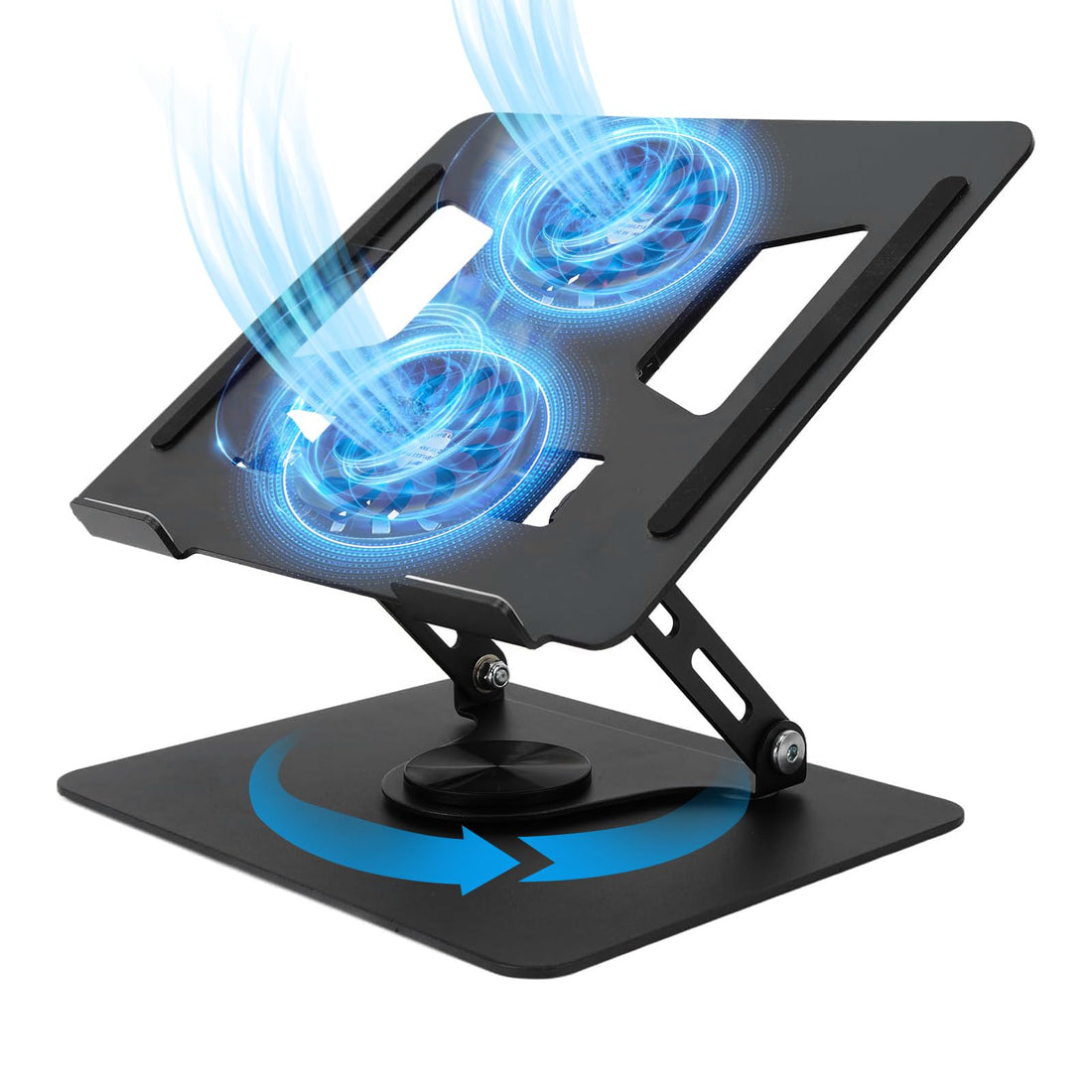 LOKOOY Laptop Cooler, 360° Rotating Base, Laptop Stand with 2 Fans, Ultra-Quiet, Height Adjustable, Aluminum Alloy, Black, 12-17" Laptops, Tablets, Air Cooling