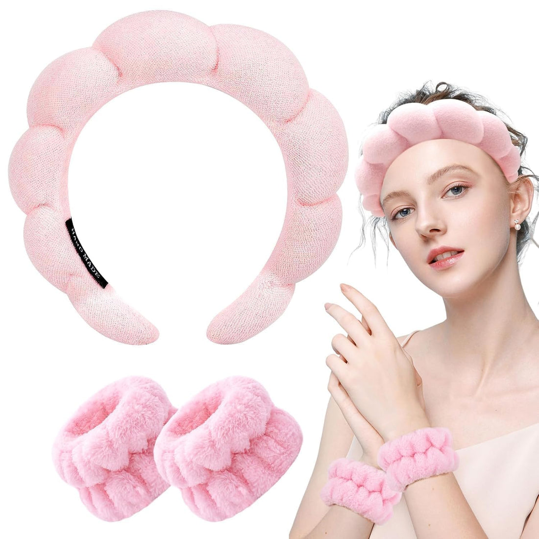 JUDEE Spa Headband and Wristband Set - Sunflower Sponge Makeup Hairband & Wrist Washbands for Women and Girls| Face Washing and Skincare Combo (Free Size-Pink)