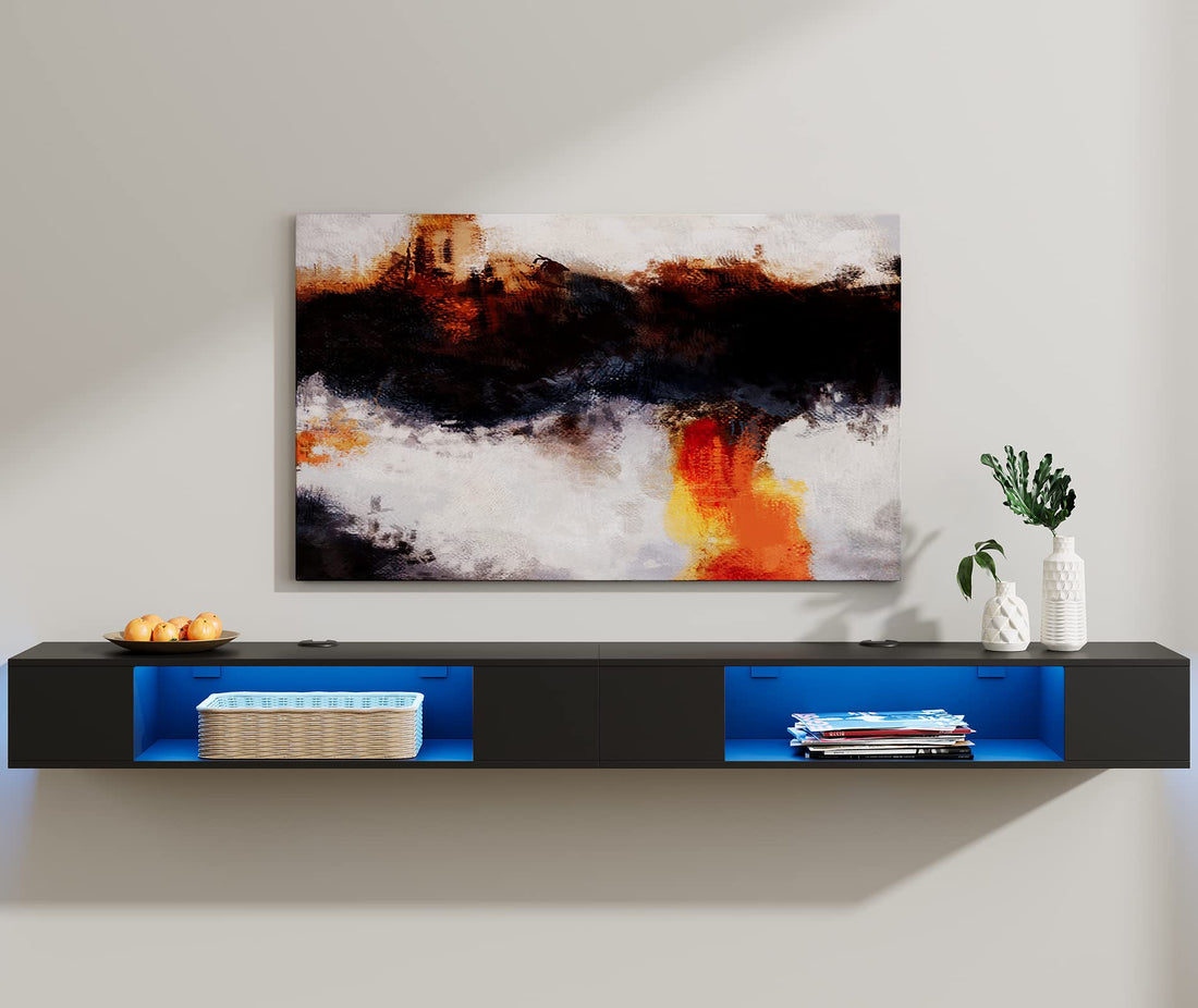 Floating TV Stand Shelf for 85" Flat Screen with Blue Lights Strip, Wall Mounted Black Entertainment Center Media Console Wood Wall Storage Cabinet Under TV, 79"