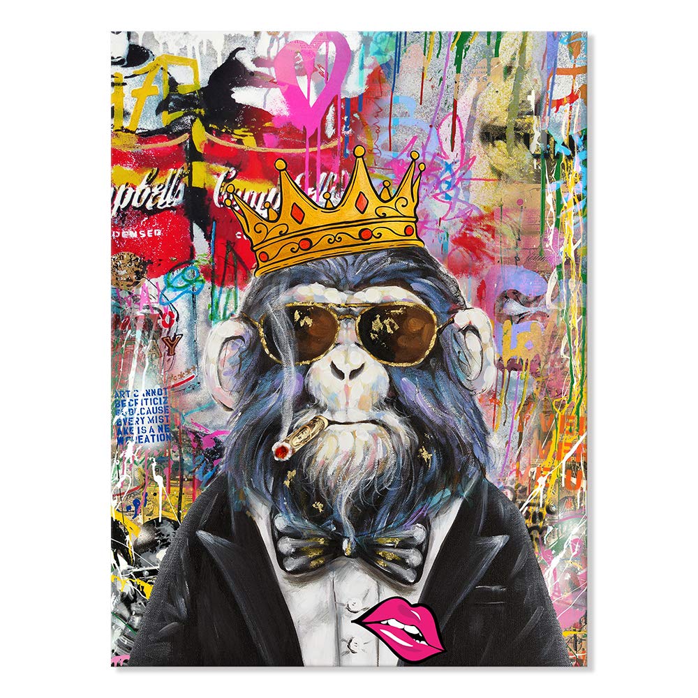 Smoking Gorilla with a Crown Street Art graffiti poster | pop art | Funny Animal Modern Graffiti Monkey Art on Canvas Oil Painting Pop Wall Art Print Picture for Living Room Home Decor