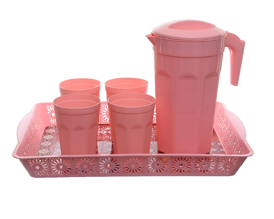 Al-Hazaz Plastic Ramadan Behja Serving Set Tray with Zamzam Pitcher & Cups Premium Complete Iftar Table Set - Rose