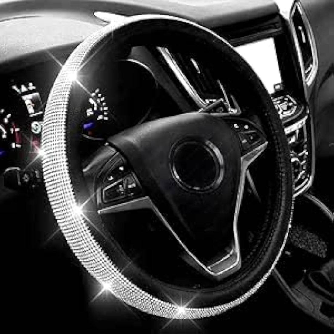 YOSHOP Car Steering Wheel PU Leather Non-Slip Steering Wheel with Bling Crystal Cover Medium Size, Black