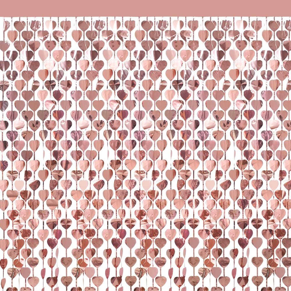 Toniful 3 Pcs Rose Gold Heart Metallic Tinsel Foil Fringe Curtains 3.28ft*6.56ft Foil Curtain Decorations for Backdrop Wedding Anniversary Bachelorette Graduations Valentine Birthday Party