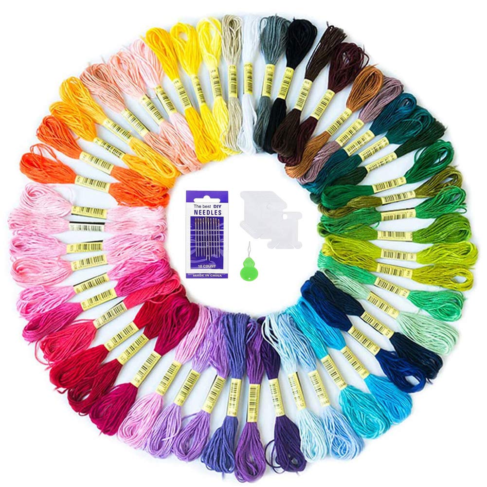 Rainbow Color Embroidery Floss 50 Skeins Per Pack Friendship Bracelet String Crafts Floss, Cross Stitch Threads with 10 Embroidery Needles, 10 Floss Bobbins & 2 Threader (002)