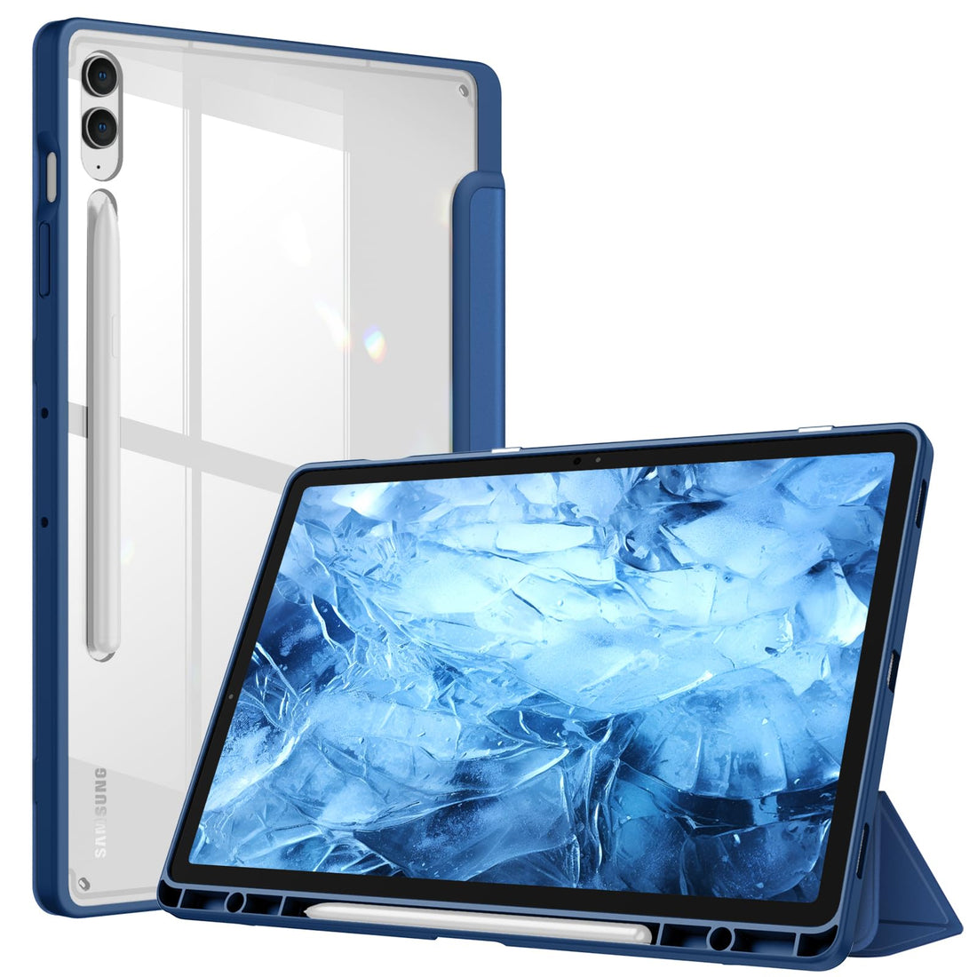 Fintie Hybrid Case for Samsung Galaxy Tab S9 FE+/Tab S9 Plus 12.4 Inch 2023 Tablet with Pen Holder - Shockproof Protective Case with Transparent Hard Shell on the Back, Blue