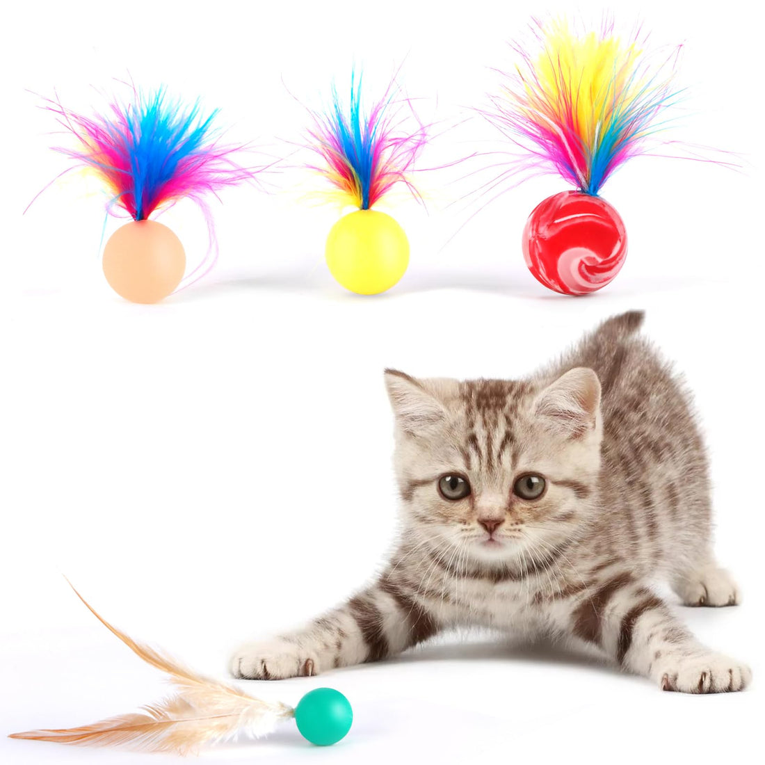 SHENGSEN Cat Ball Toy 4 Pack,Interactive Cat Feather Toys for Indoor Cats,Mixed Bouncy Ball with Feather Cat Toy Kitten Teething Toys for Playing Hunting