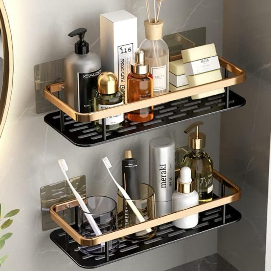 Punch-Free Bathroom Rack Rack Shampoo Shower Storage Rack Kitchen Rack Toilet Kitchen Storage Rack Bathroom Accessories Set (Golden Standard 2Pcs)