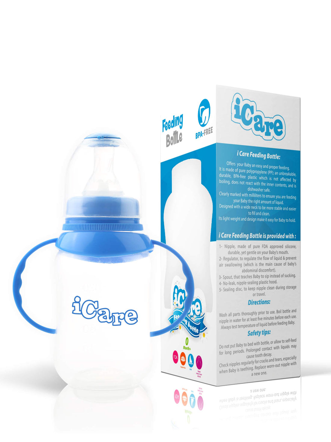 Icare feeding bottle bpa- free with handle- 150 ml - blue