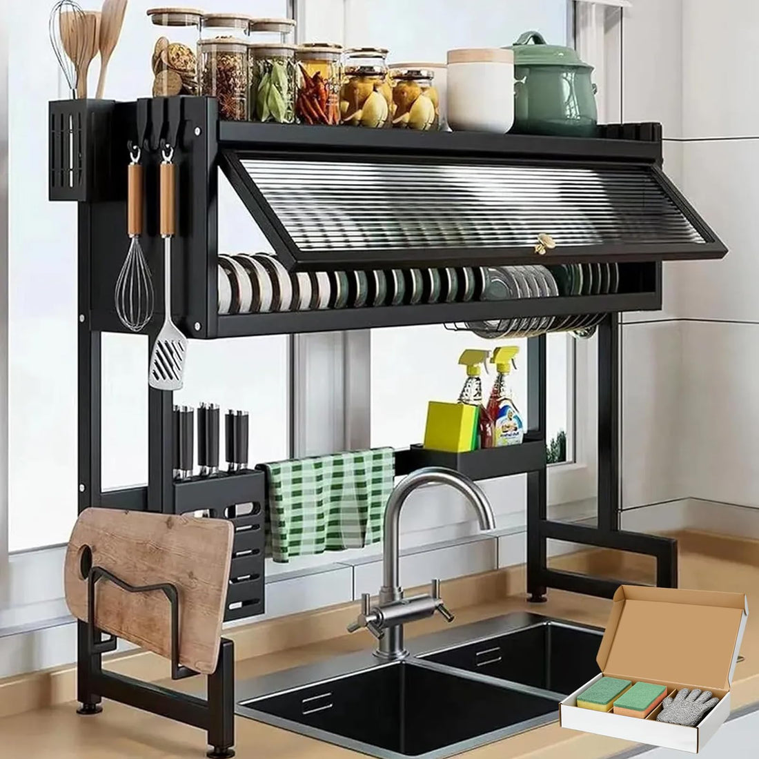 Dish Drying Rack Over The Sink, Dish Drying Racks Organizer Hanging Sink Black (Black, 85CM)