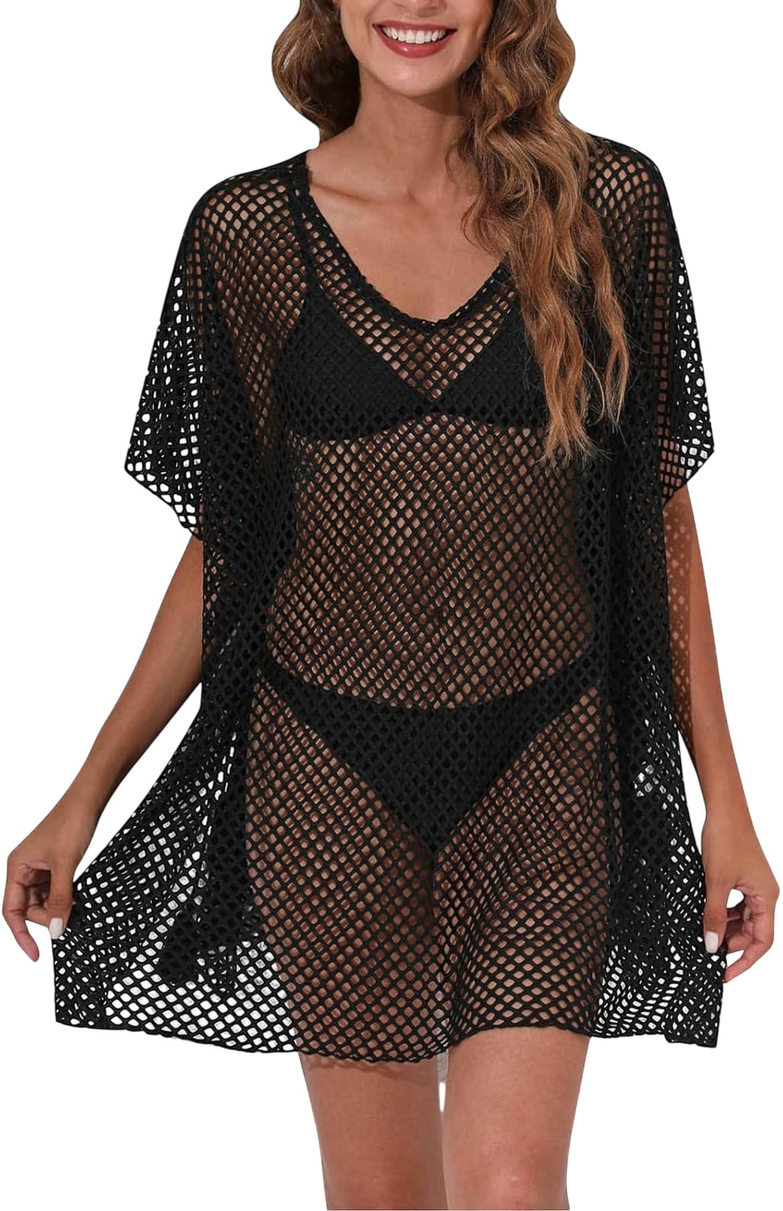 Mesh Beach Cover Up Dress, V-Neck Short Sleeve Swimsuit Cover Up, Black - one size
