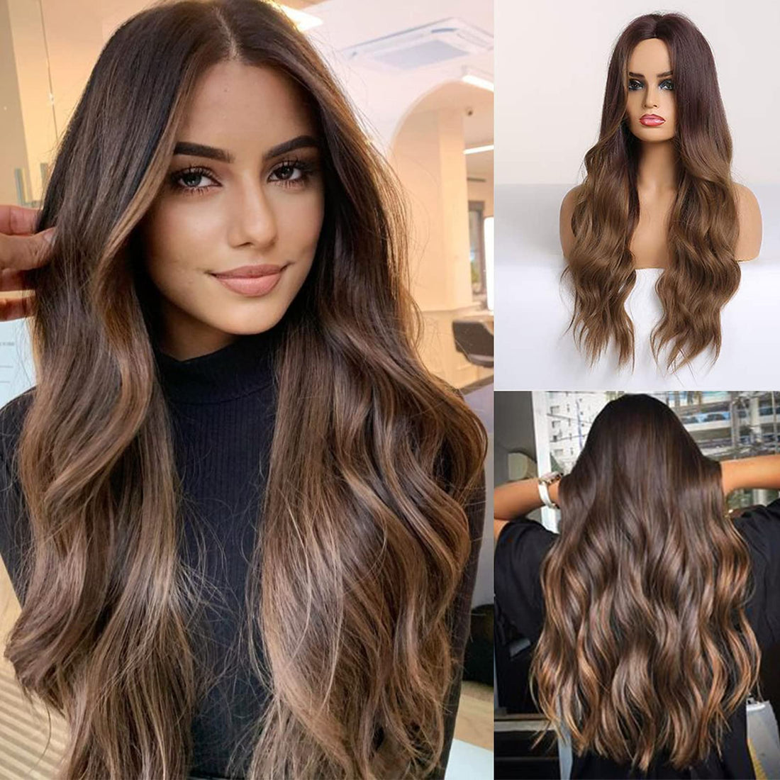ECIF Long Curly Brown Wigs For Women Synthetic Hair Wig Middle Parting