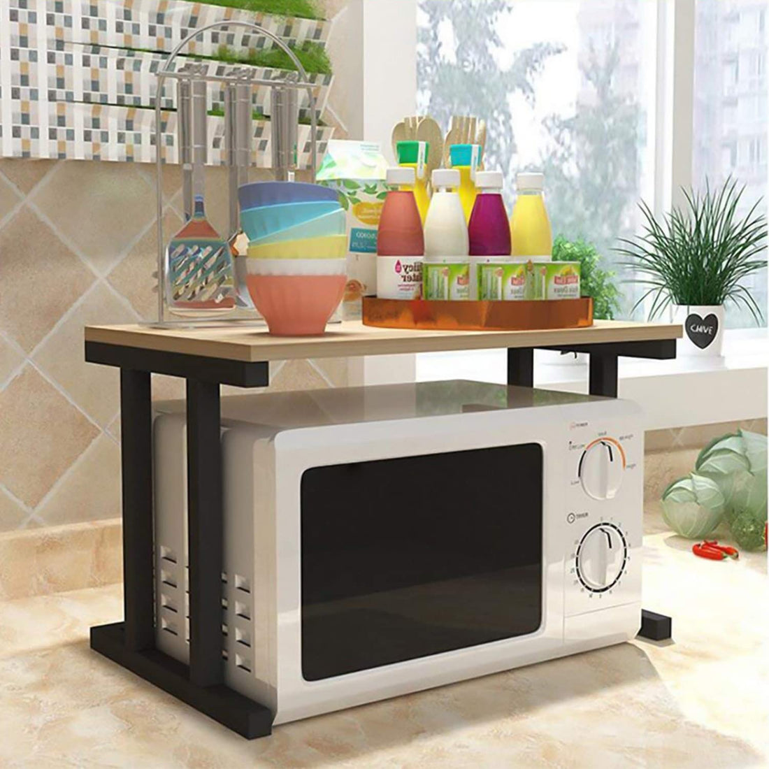 Everline 22500 I Series (2-Layer) Microwave Stand, Kitchen Platform Oven Stand Rack, Toaster Organizer With Storage Shelf Metal And Wood Walnut Brown Black Pipe Frame, Tiered Shelf - Countertop