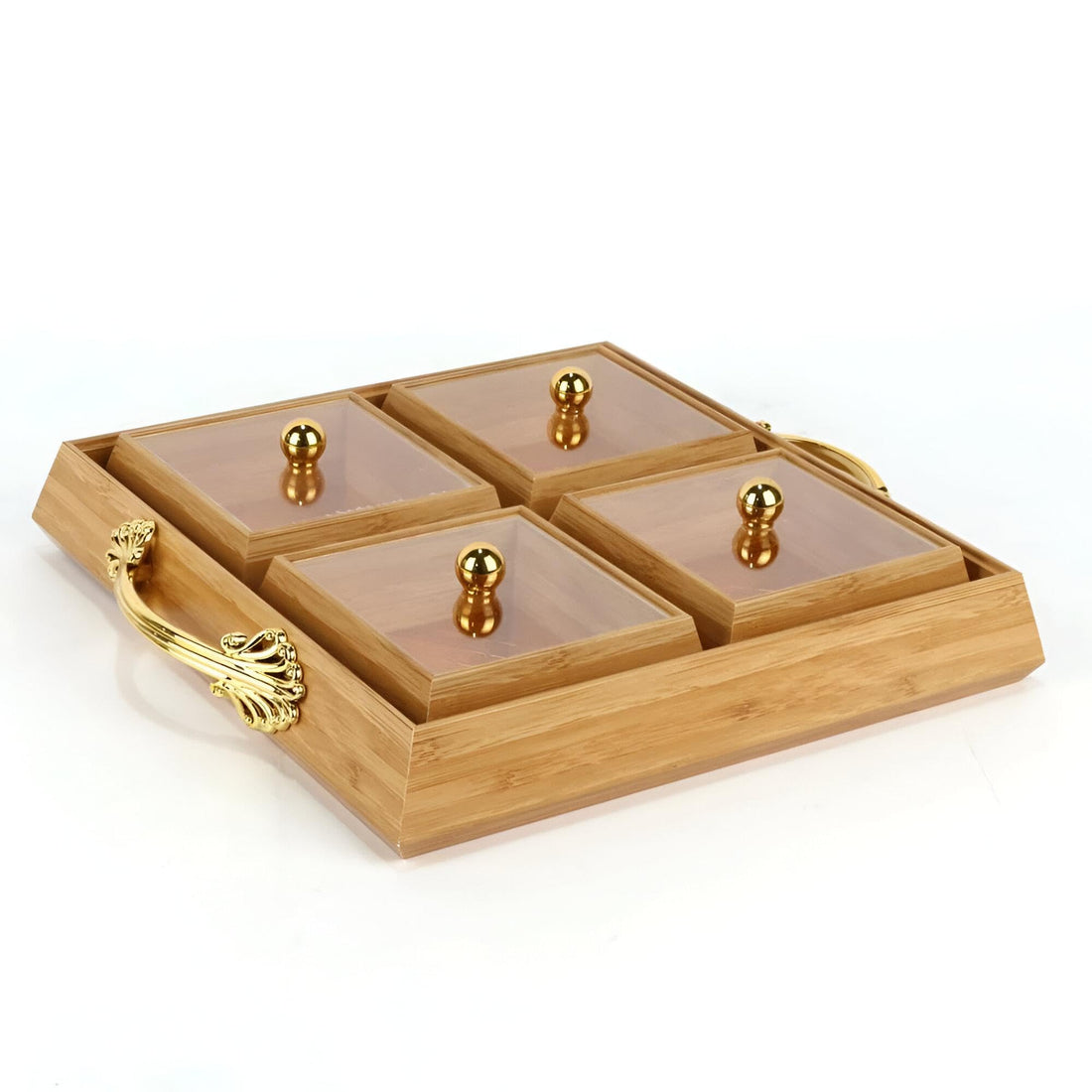 Wooden Quad - a four-section quad to serve nuts and confectionery with acrylic covers and a gold handle that elevates the elegance of travel and hospitality.