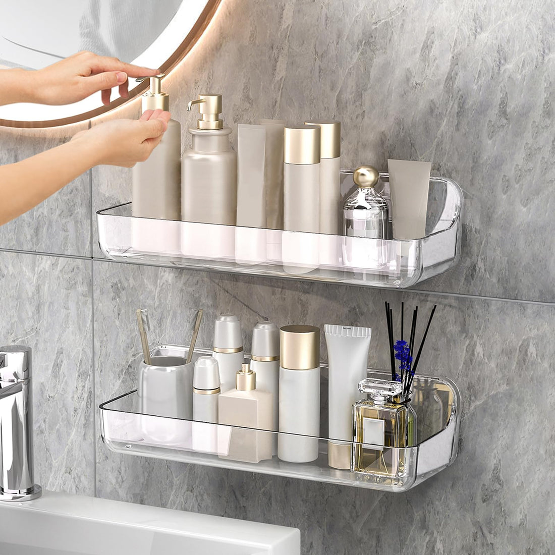 CGBE Acrylic Wall Mount Organizer Self Adhesive Transparent Acrylic Shelf No Drilling Hanging Walls Adhesive Shelf with Self Adhesive Tape for Bathroom Pantry 2 Packs