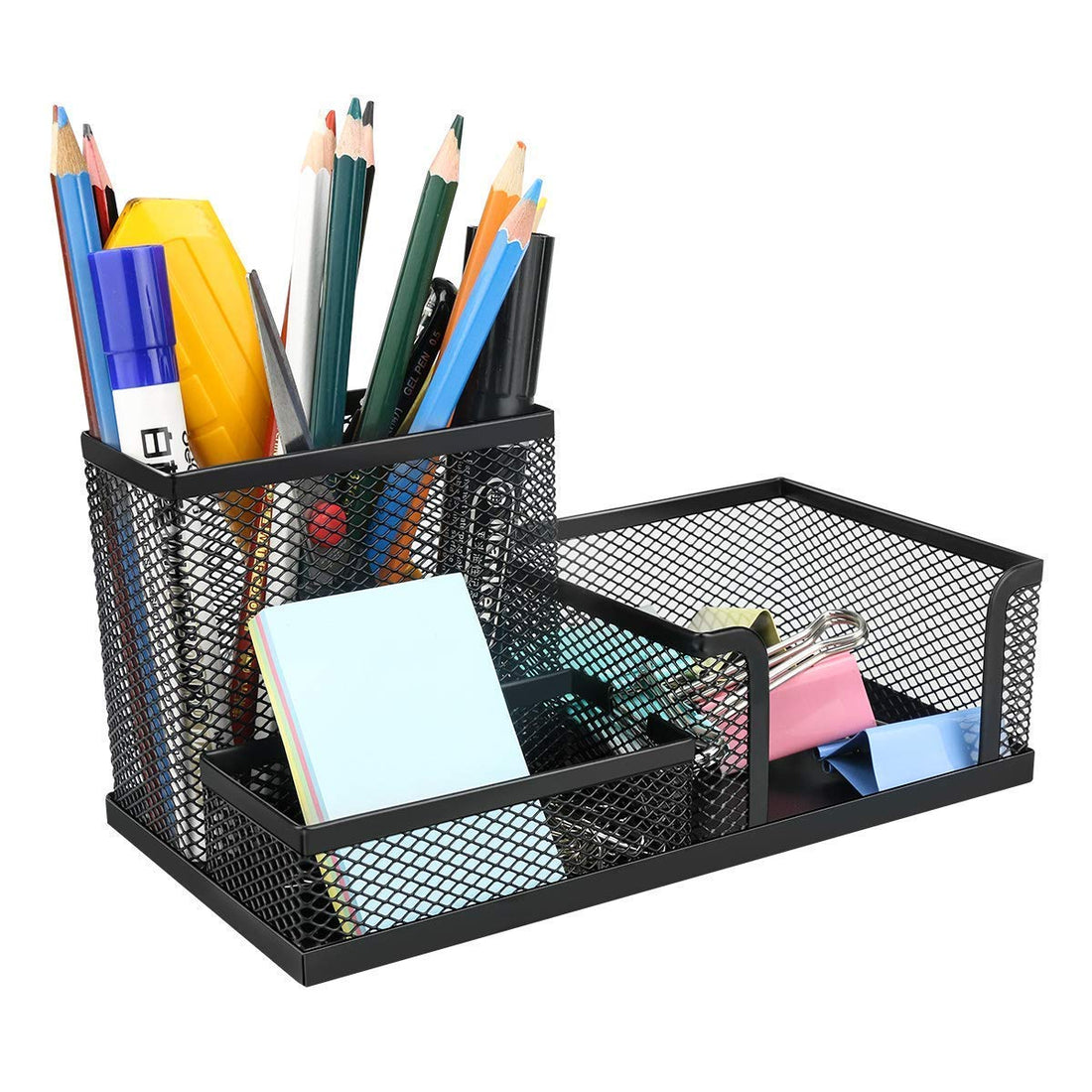 VAVSU Mesh Pen Holder Desktop Metal Pencil Compartment Case Organizer Accessories Storage Stand Office Home School Caddy Box Cards Rack(Black) (3 Compartment)