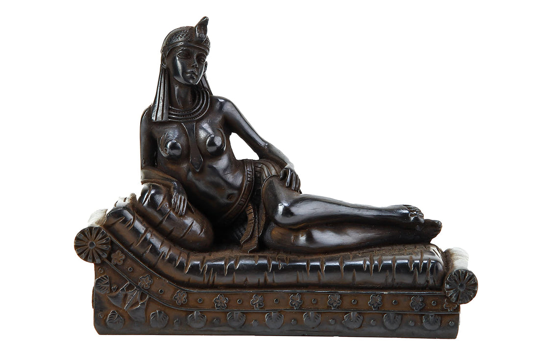 Solid Stone Egyptian Queen Cleopatra Lying On The Bed Loung Statue (Black)