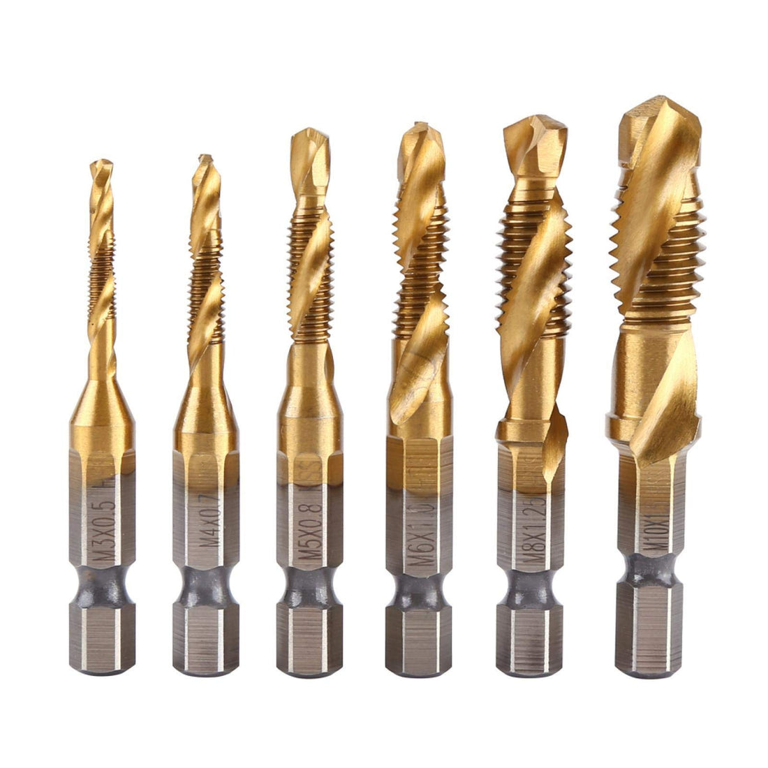 KUIDAMOS Hex Shank Titaniums Coated HSS Drill and Tap Bits,6pcs 1/4" M3-M10 Metrics Thread,for Tapping Machine