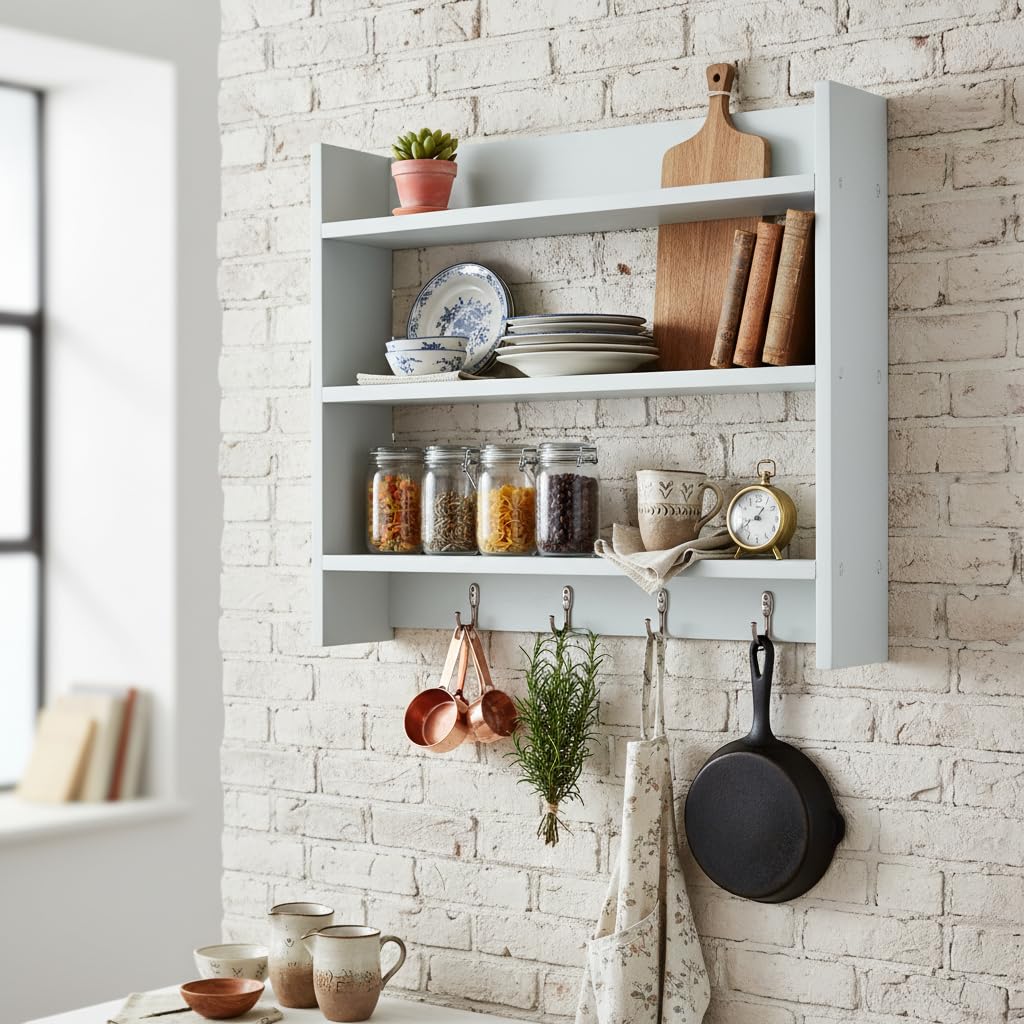 Amire Home White 3-Tier Wall Mounted Floating Shelf with 4 Hooks, Solid Pine Wood Storage Organiser, 59x56x11 cm, Multi-Purpose Display Rack for Bathroom, Living Room, Kitchen