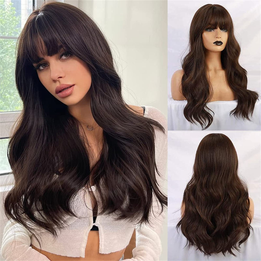 Arabest Long Wave Wigs with Bangs, Natural Curly Wavy Hair Brown Color Synthetic Wigs with Neat Bangs, Can Modify Heat Resistant Weave Wigs, Women Wigs for Daily Party Cosplay