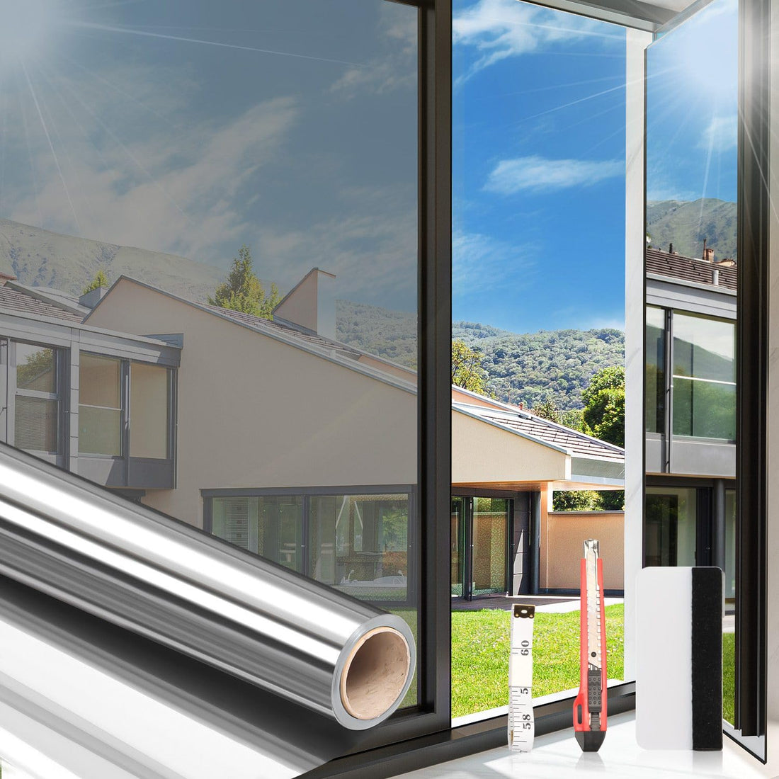 One Way Window Film Daytime Privacy Window Tint for Home UV Blocking Mirror Film Non-Adhesive Static Cling Heat Control Reflective Glass Film for Home, Car and Office, (60X200CM)