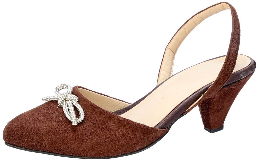 Suede 3 cm kitten heel sling backs with a simple upper diamond ribbon, 37 EU