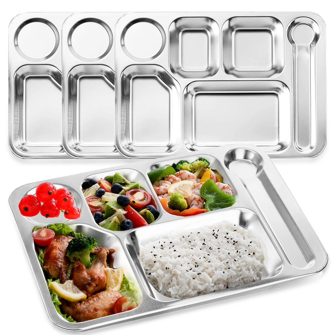Nexboraque 4 Pack Stainless Steel Divided Plates, 6 Section Rectangle Plates for Adults, Picky, Campers, Diet Food Portion Control