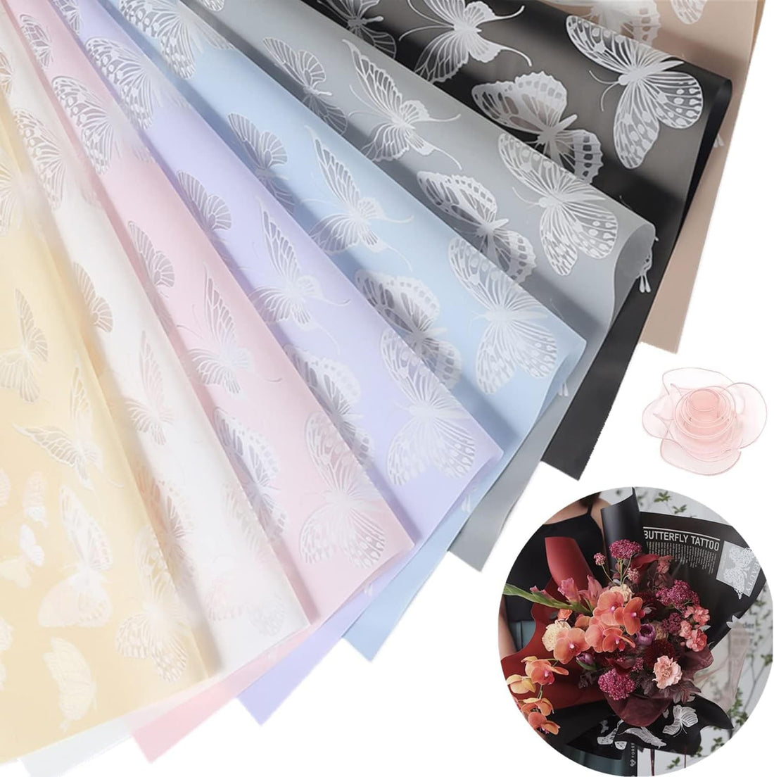 KASTWAVE 40 Sheet Flower Wrapping Paper With Butterflies - Matte Floral Translucent Waterproof Bouquet Sheets - Korean Style for DIY Craft Gift Wrap