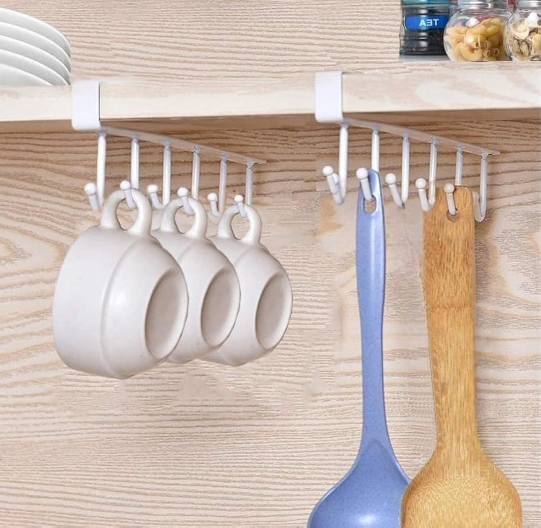 2 Pieces Mug and Mug Holder Screwless Hanging - 6 Hooks for Kitchen Cabinet Under Shelf - White