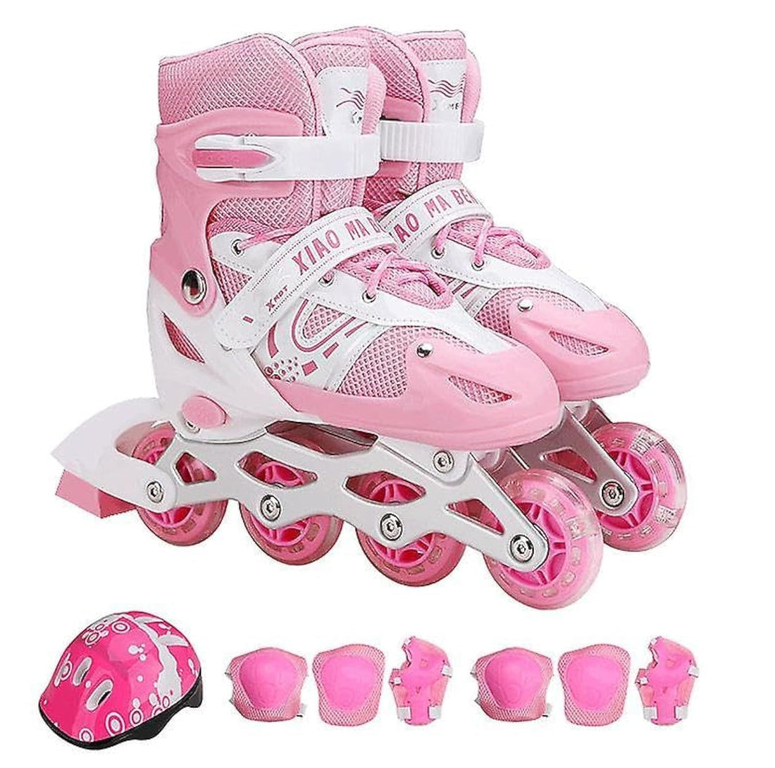Yameem Professional Inline Skating Shoes, Adjustable Roller Skates with High Performance Speed Safety Skate Shoes Including Protective Gear Adjustable Kids Skates With Light-Up Wheels (31-34, Pink)