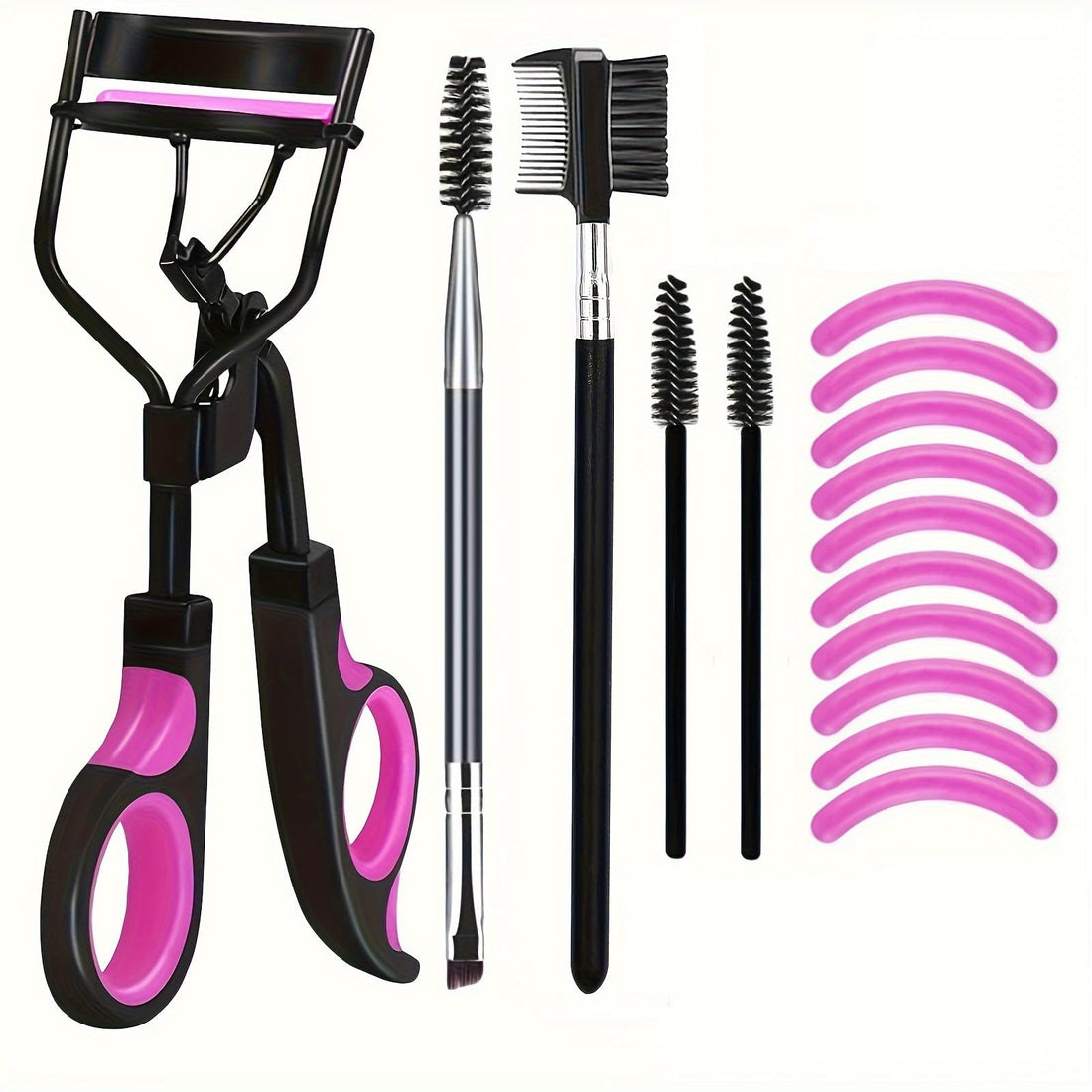 fashion mania Eyelash Curlers Eyebrow Brush Kit with Lash Curler, Eyelash Comb Seperator, 2 Mascara Brushes, Angled Eyebrow Brush and Comb, 10 Replacement Silicone Refill Pads