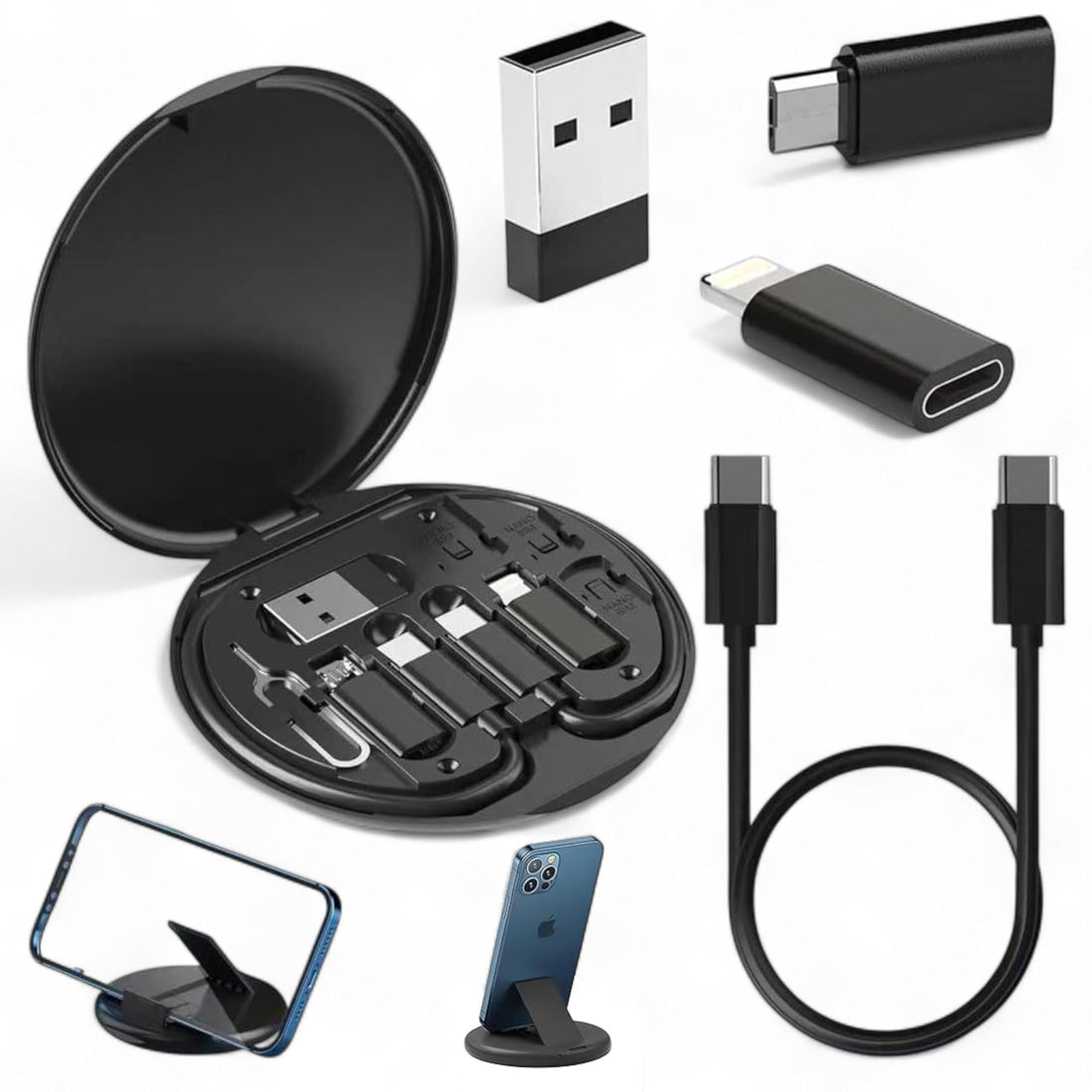 USB C Adapter OTG Cable Kit 60W, Multi Charging Cable Case Convertor USB C to Compatible with Lightning/iOS Device/Type C/Micro/USB A, SIM, Data Transfer Contains Card Slot for Traveling, Phone Holder
