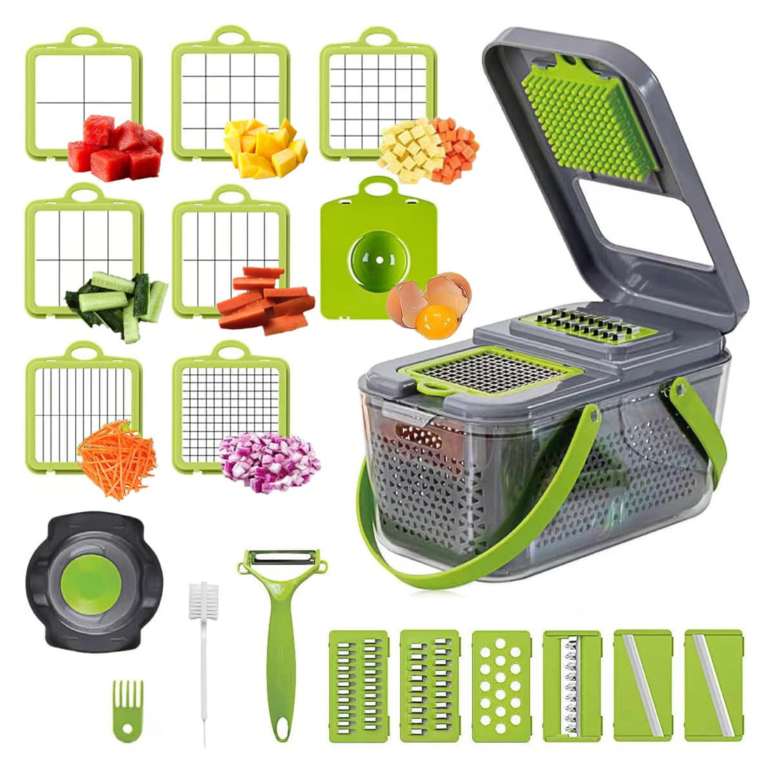 22 in 1 Vegetable Chopper with Container, Veggie Onion Chopper Adjustable Kitchen Mandoline French Fry Slicer Dicer Cutter for Potato Carrot Tomato Garlic Cheese Egg Food Salad
