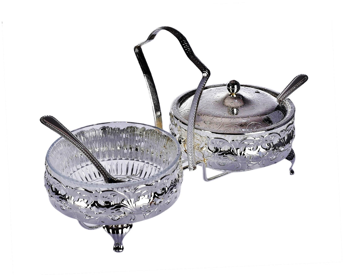 Queen Anne silver plated round jam serving dish Duo with stand (2 spoons + 2 lids + 2 glass plates) Royal 0/4332/7