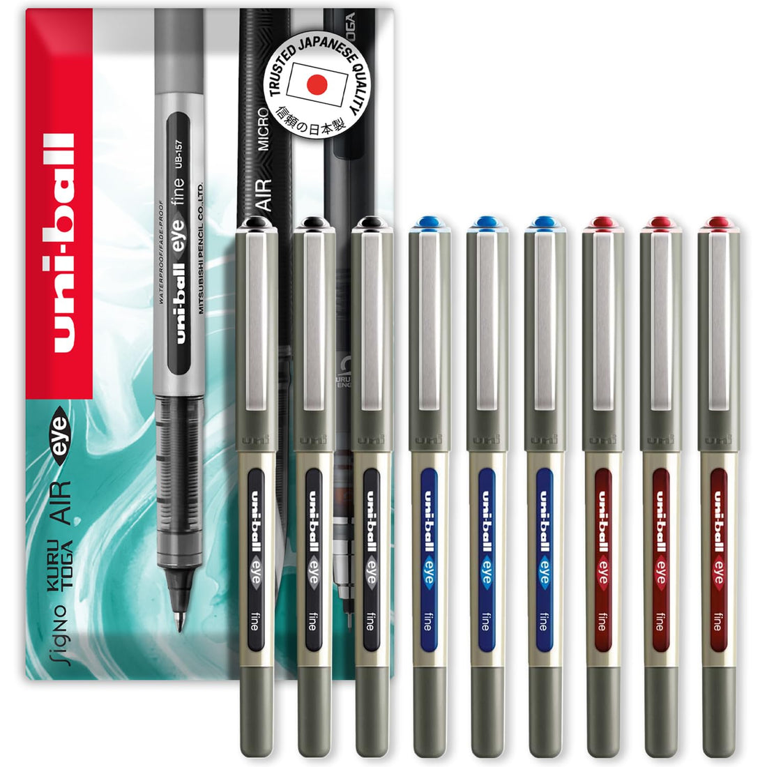 uni-ball EYE - UB-157 Rollerball Pens - 0.7mm Nib - Black, Blue, Red - Pack of 9