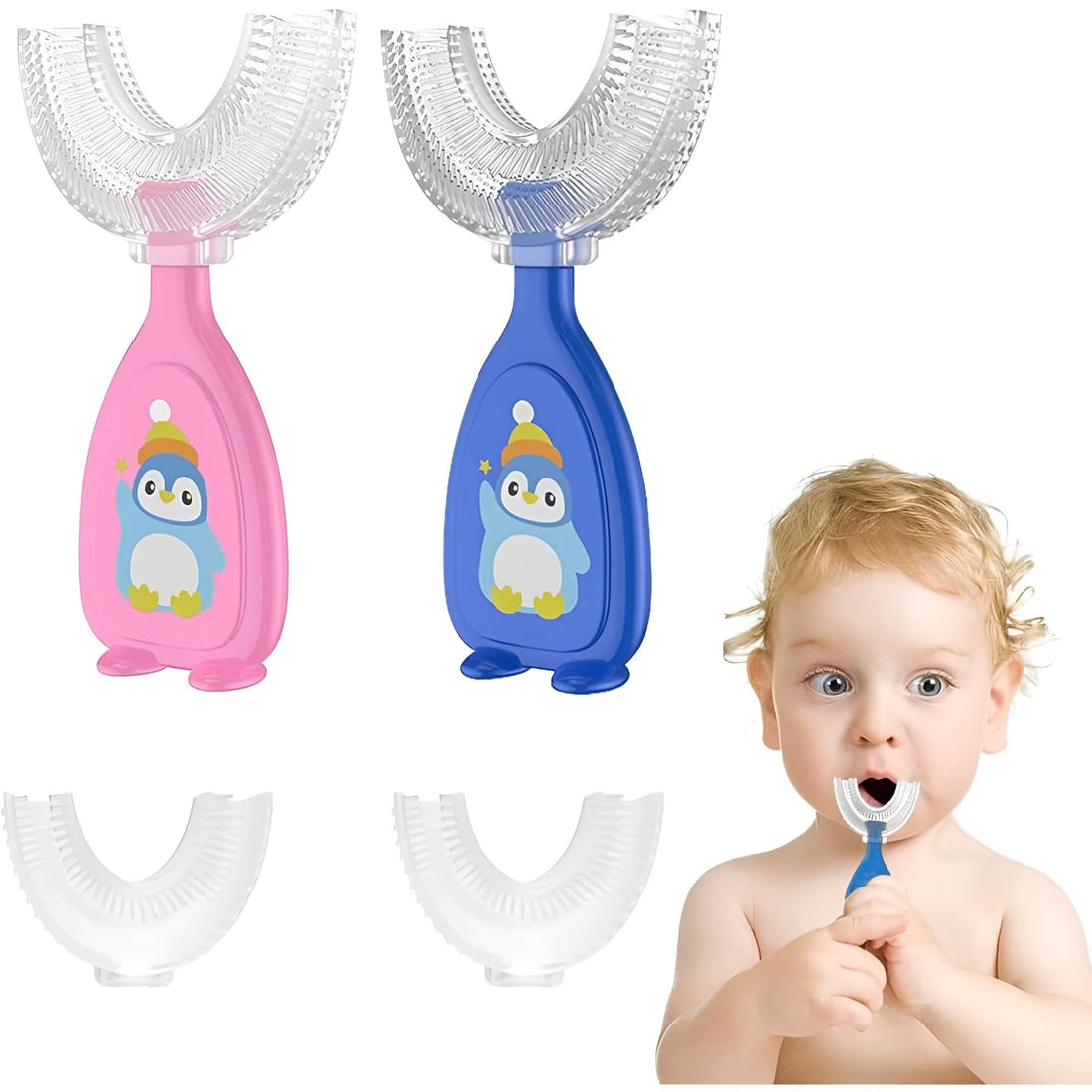 U-Shaped Brush - Kids Toothbrush with Soft Silicone Bristles 360° Oral Cleaning, Penguin Design for Age 2-6 Years Pink and Blue, Double Pack for Daily Care Dental Hygiene