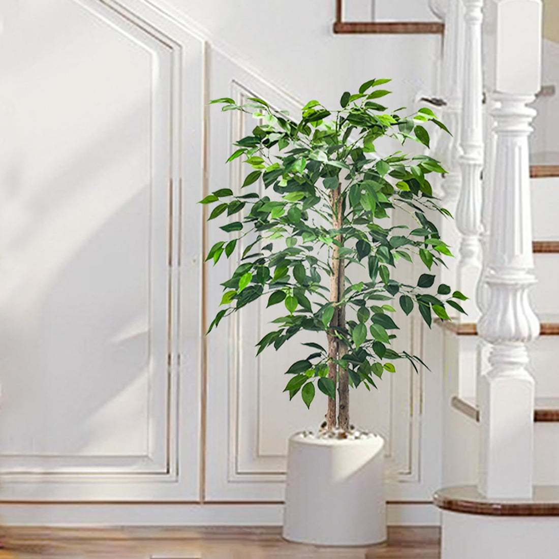 Aphighjoy Faux Plants Artificial Ficus Trees Eucalyptus Trees with Silk Leaves Fake Moss and Sturdy Nursery Pot, Fake Plants for Office Home Decor (4Ft -1Pack, Upgraded Ficus Tree)