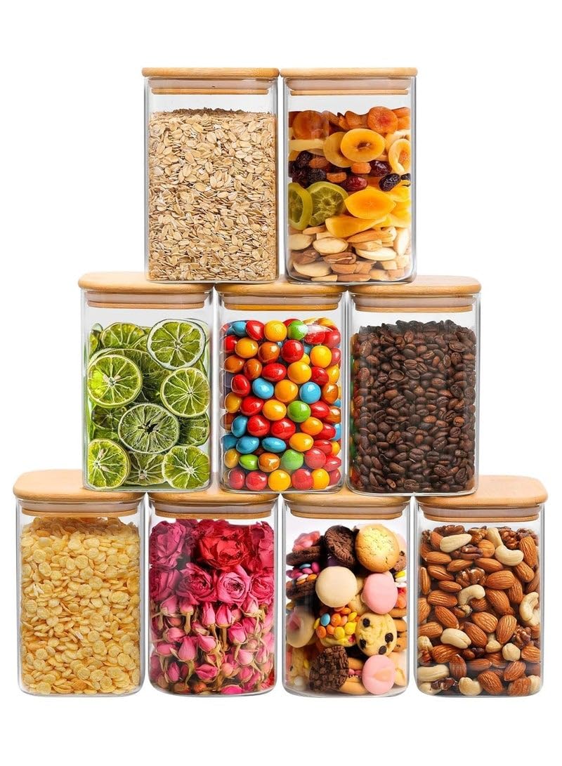 of 9 200ml glass storage jars with lids for storing spices, coffee, tea, cookies, nuts and seasonings.