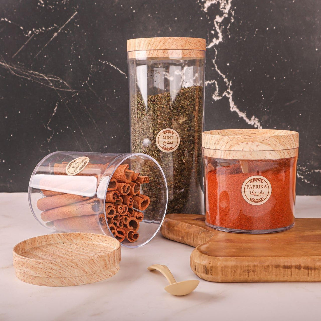 Acrylic Condiment Canisters Set Clear Condiment Containers with Lids Elegant Wooden Colors Containers for Preserving and Storing Legumes, Condiments, Spices, Herbs, Tea, Coffee and More (3)