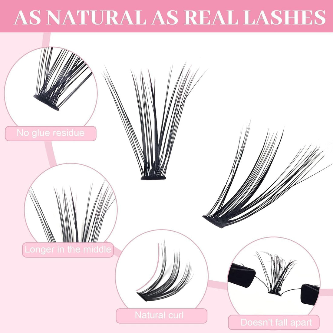 Natural Self Adhesive Eyelashes - 72 PCS - Wispy Press on Lashes Pre Glued Lash Clusters No Glue Needed Press on Eyelash Clusters Reusable Self Adhesive Lash (3D - 50+60D+80D+100D)