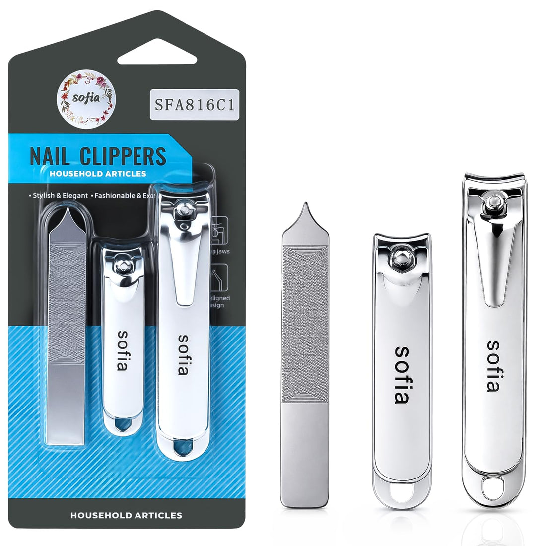 Sofia - Nail Clipper Kit, 2 Nail Clipper With 2 Different Size & Small Nail File, Stainless Steel Sharp Blade, Professional Nail Cutter For Men & Women