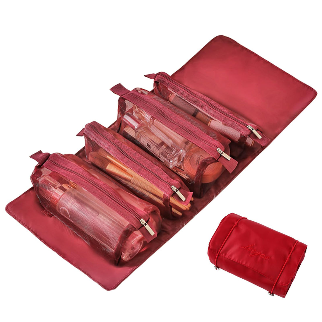 KissDate Makeup Bag, 4-in-1 Travel Makeup Bag Portable Waterproof Hanging Toiletry Bags Cosmetic Bags Makeup Organiser Make Up Bags for Women Girls(Red)