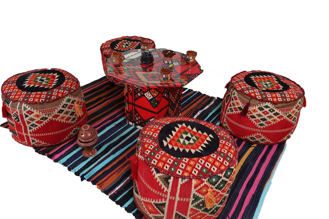 Sahara Set of 4 Cushions & 2m * 1.5m Kilim with Hexagonal Table - Stylish Home Decor Set (Red Poufs)