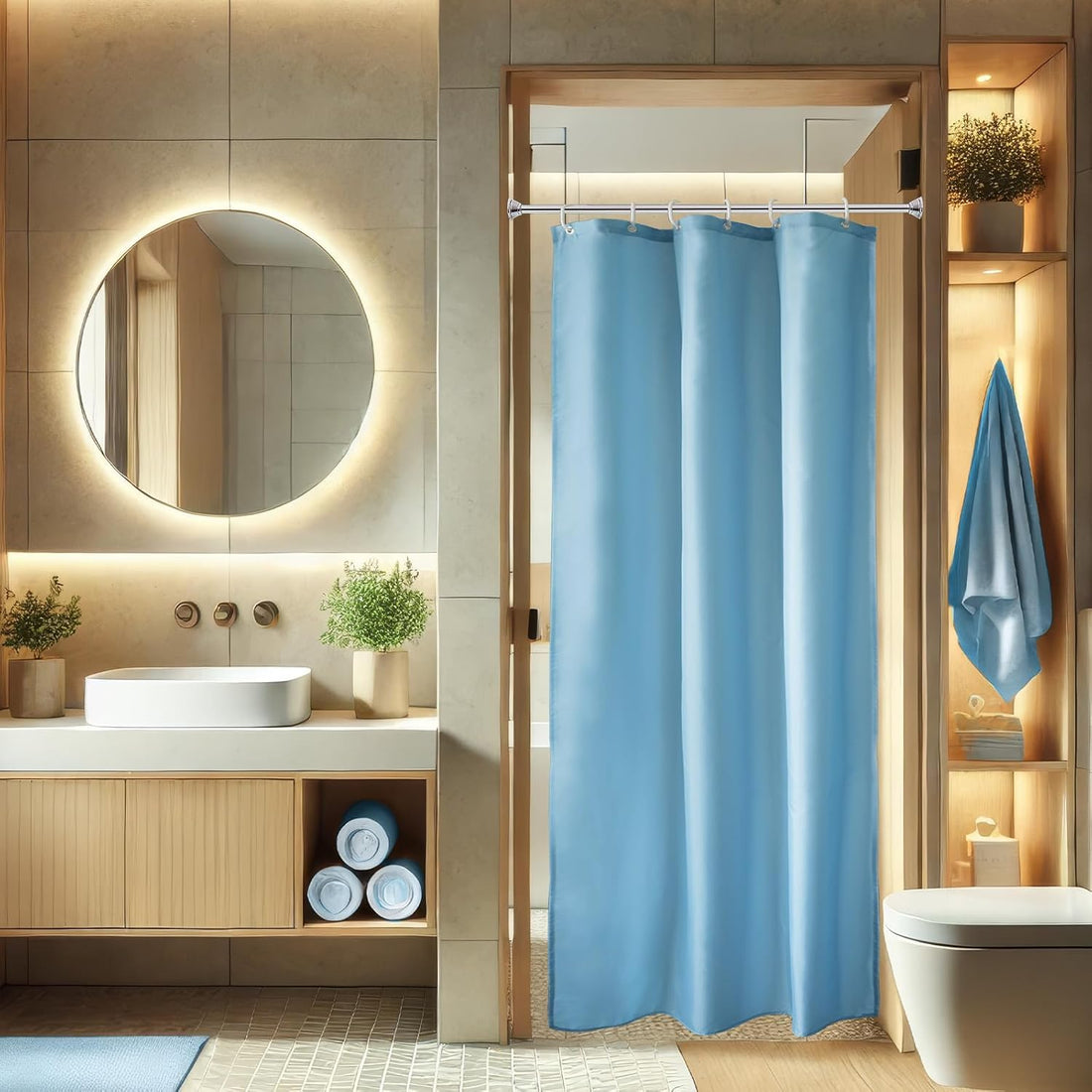 Shower Curtiain Liner, Durable Fabric Solid Bathroom Curtain with Hooks, Waterproof (Blue)