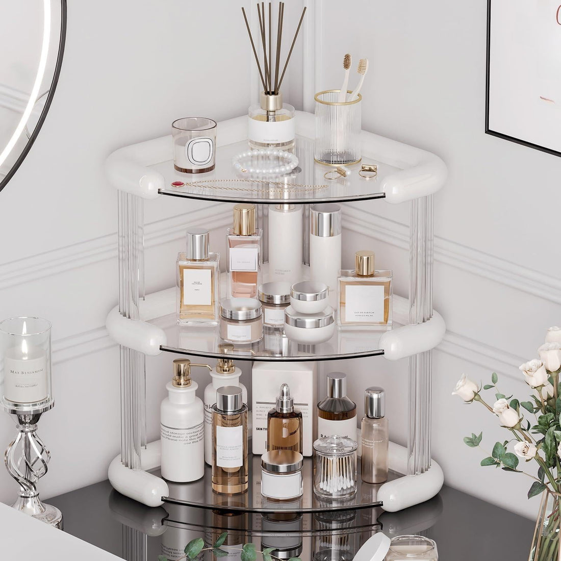 Corner Shelf - 3 Tier Triangle Bathroom Countertop Organizer for Perfume Display, Makeup, Skincare Storage on Vanity Dresser, White Plastic Home Holder