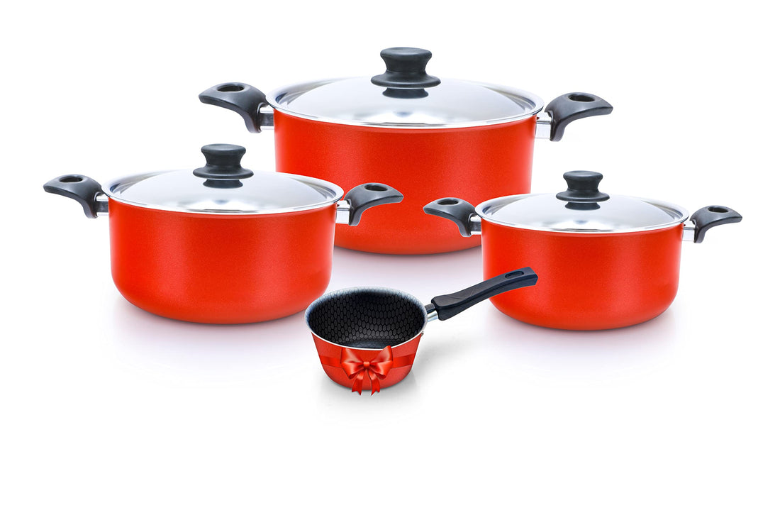 Trueval 7-Piece Teflon Cookware Set (16-20-24cm) with Free 14cm Casserole, Red, BPA-Free, Silicone Handles, Compatible with Gas Stove