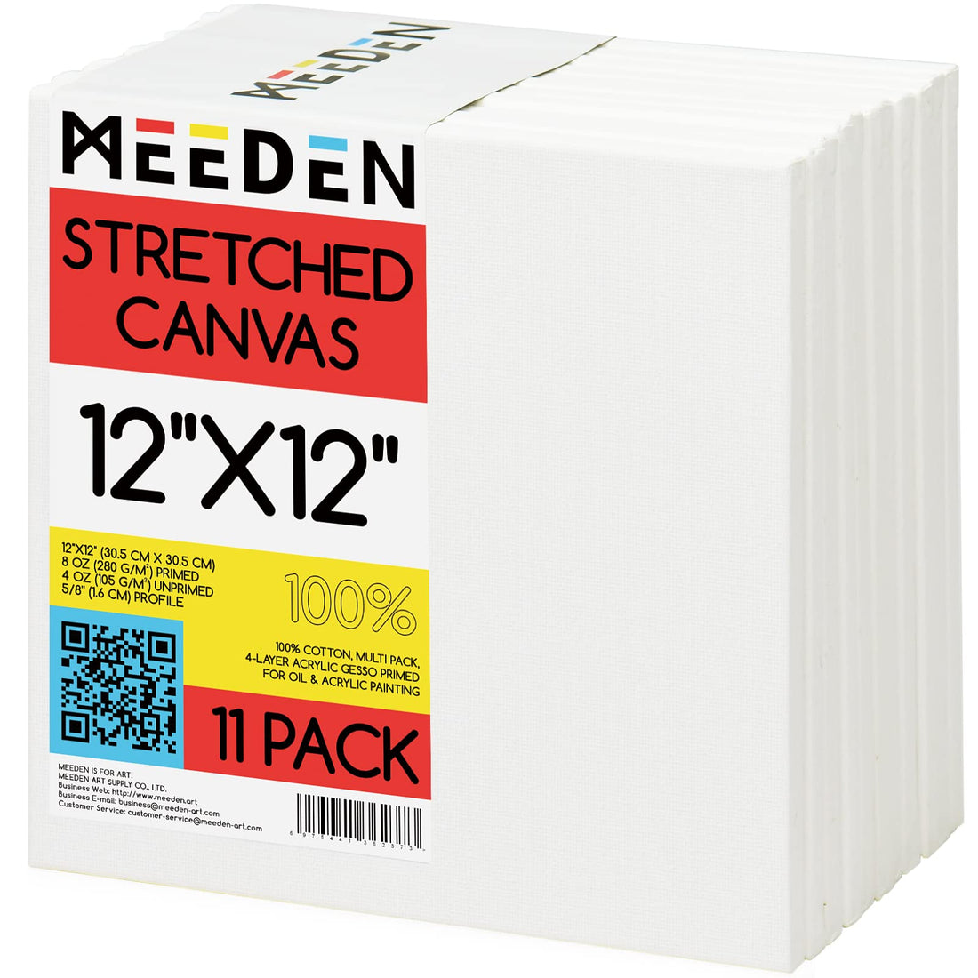 MEEDEN Stretched Canvas, 12 × 12 Inch, Classic Pack of 11, Primed White, 100% Cotton, Art Supplies for Painting, Acrylic Pouring & Oil Painting, Blank Canvases for Artist, Painters Amateur & Beginner
