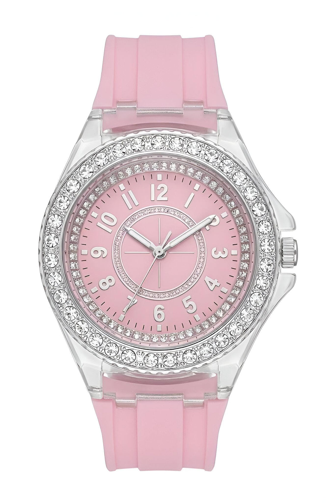 Casual Style Watch - Women’s quartz watch with multi-color silicone strap, crystal bezel, transparent case, blending elegance and comfort effortlessly