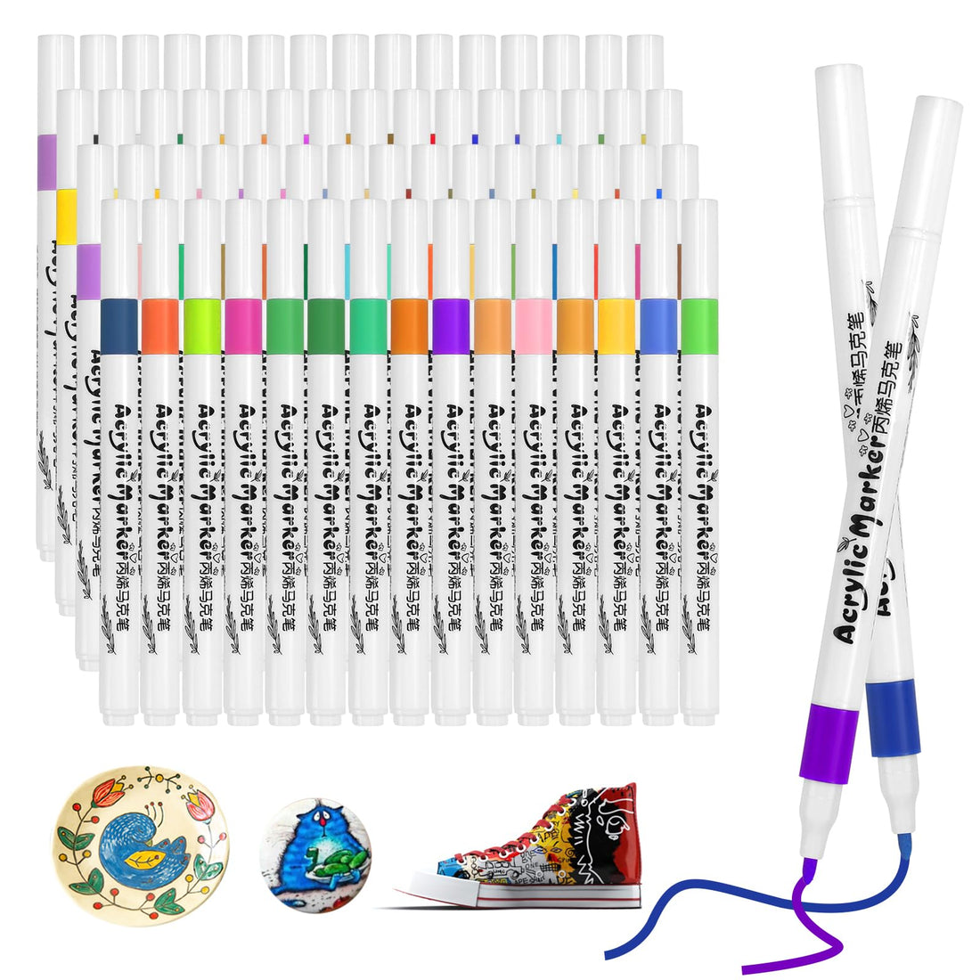 DUTIFUL 60 Colours Acrylic Pens - Waterproof for Stones, Wood & Ceramic - Children's Acrylic Paint Marker Pens - Crafts DIY & Photo Albums - Fabric